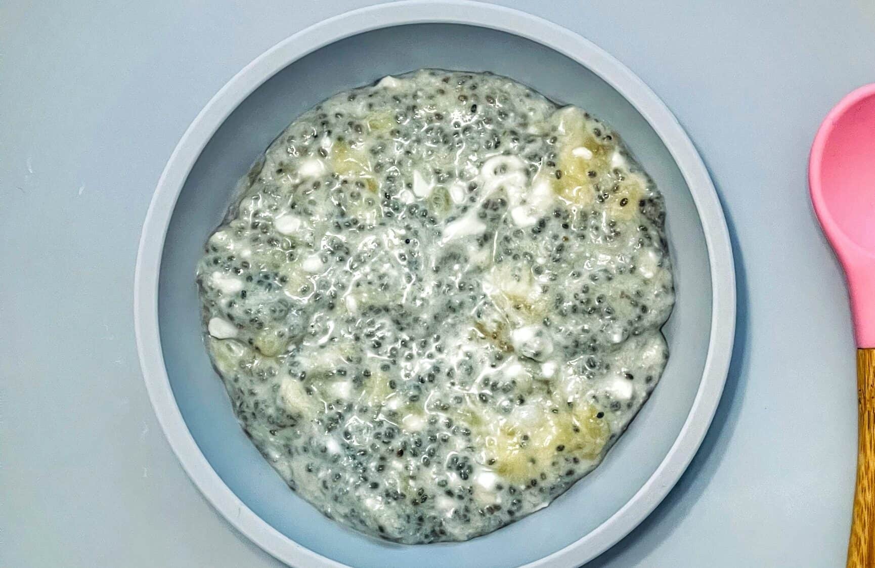 Banana Chia Pudding for babies and toddler in blue bowl.