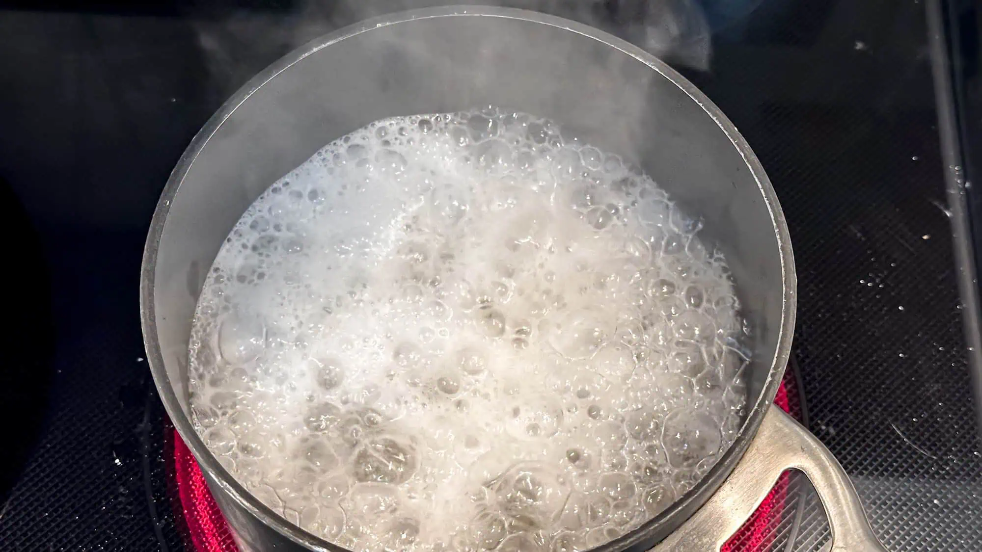 Step 1 for making pasta, boiling water in pot.