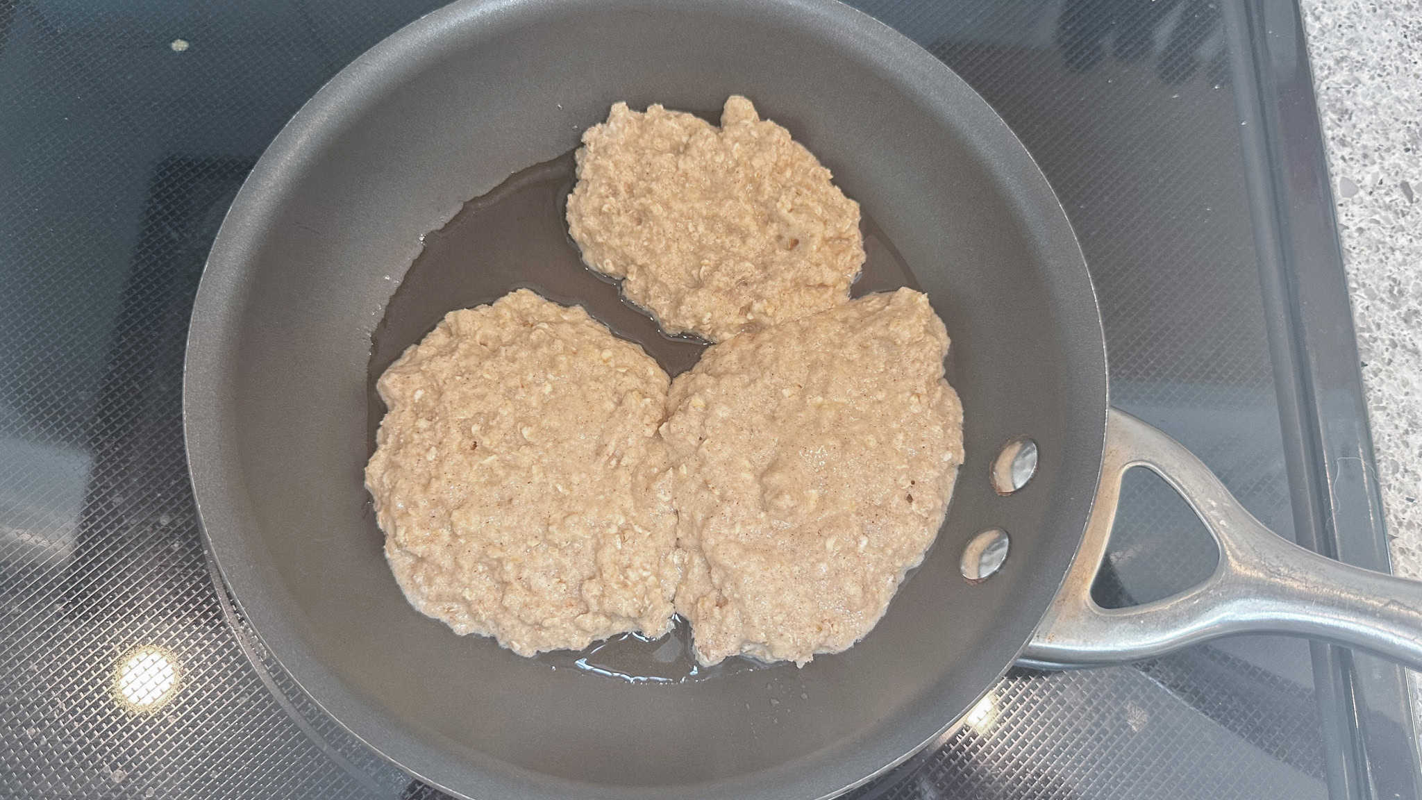 Step 4 for pancakes. Add batter to frying pan and cook 5 minutes per side.