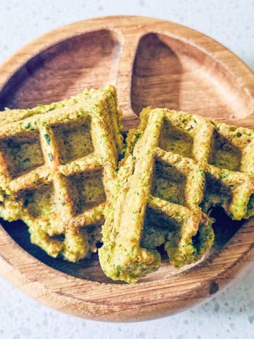 Image of savoury waffles in wooden toddler bowl