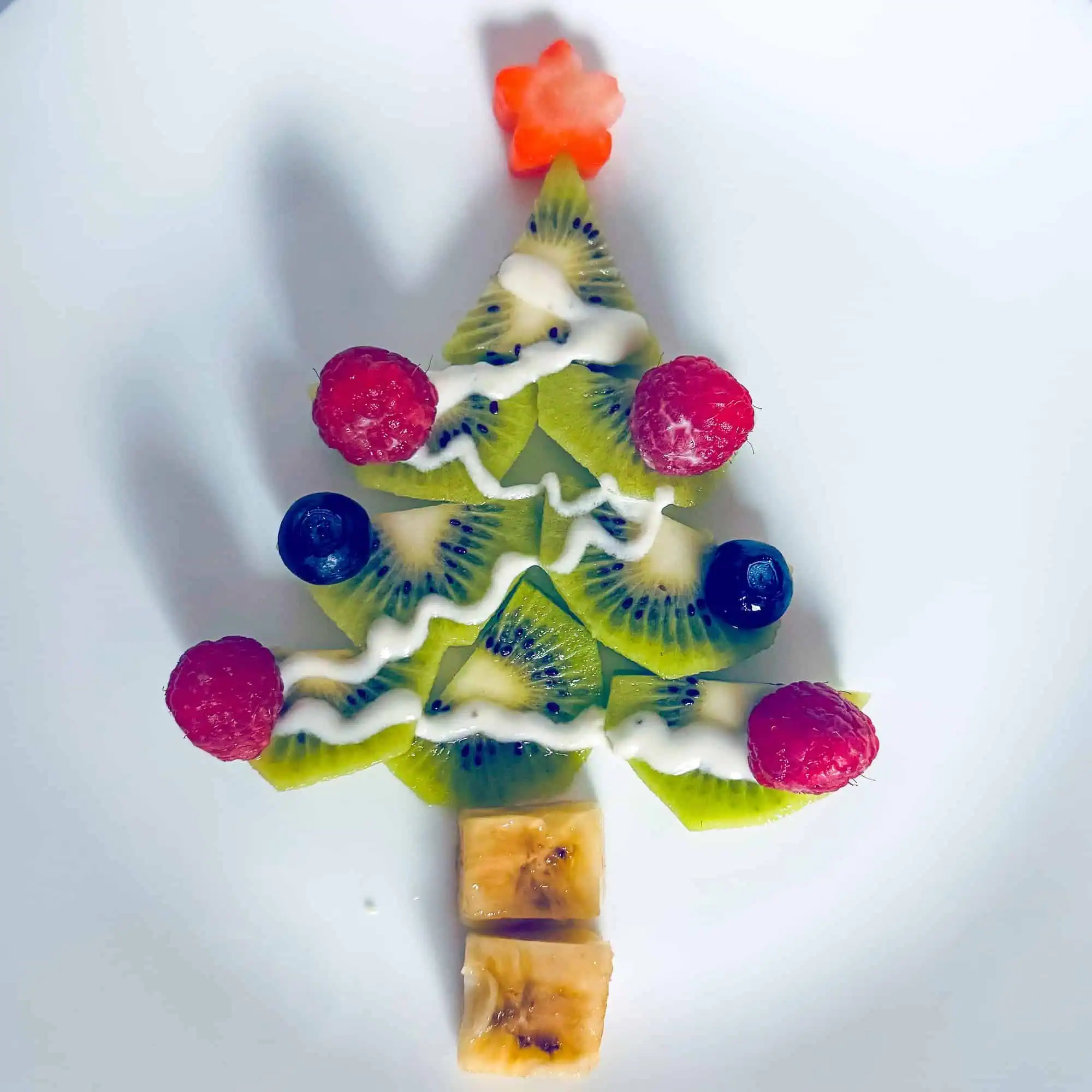 Fruit Christmas tree on white plate. Made of kiwi with raspberries and blueberries.