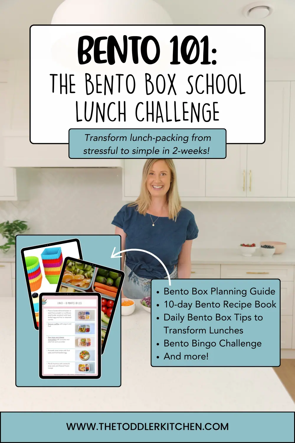 Bento Box School Lunch Challenge. Information slide with dietitian in background.