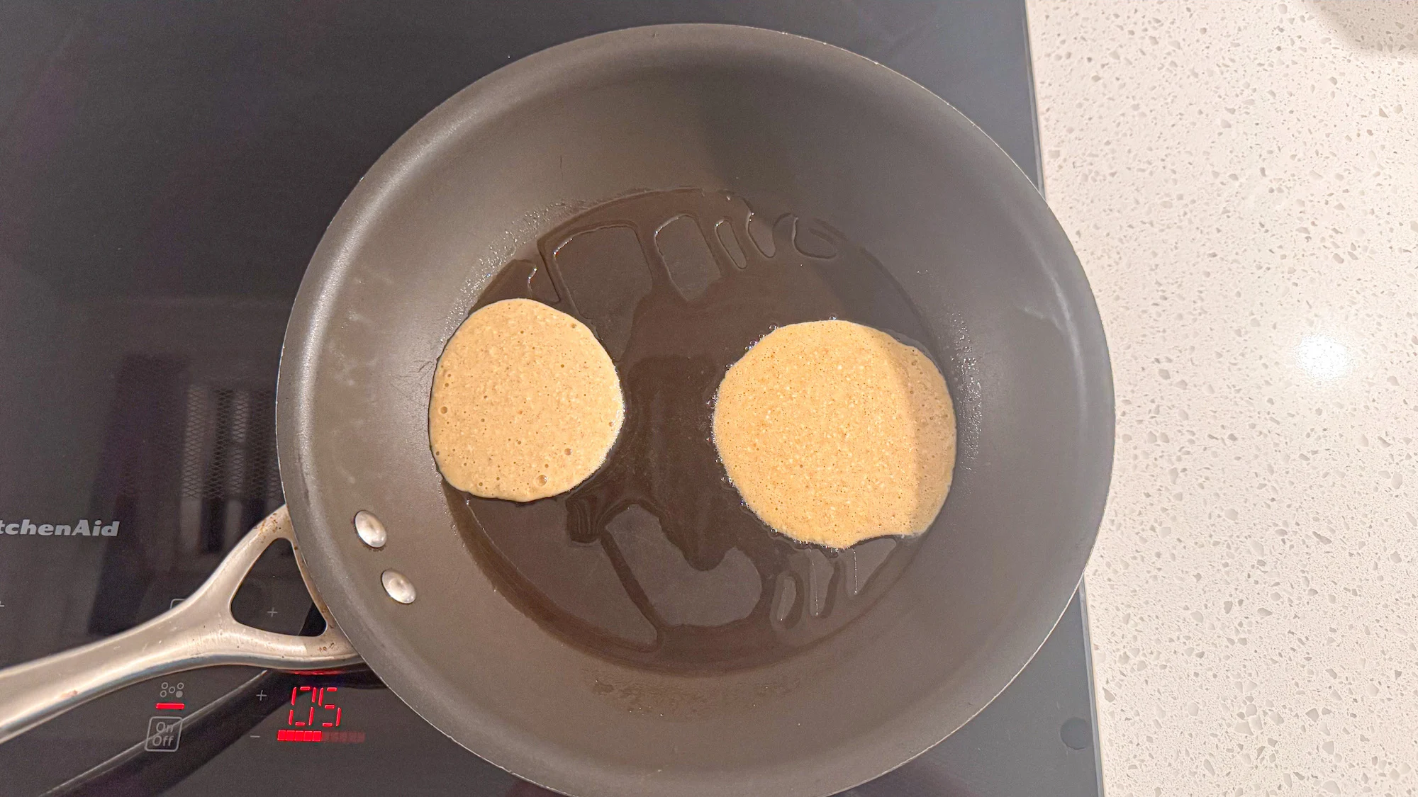 Step 3 for pancakes, add batter to medium size frying pan on medium low heat.